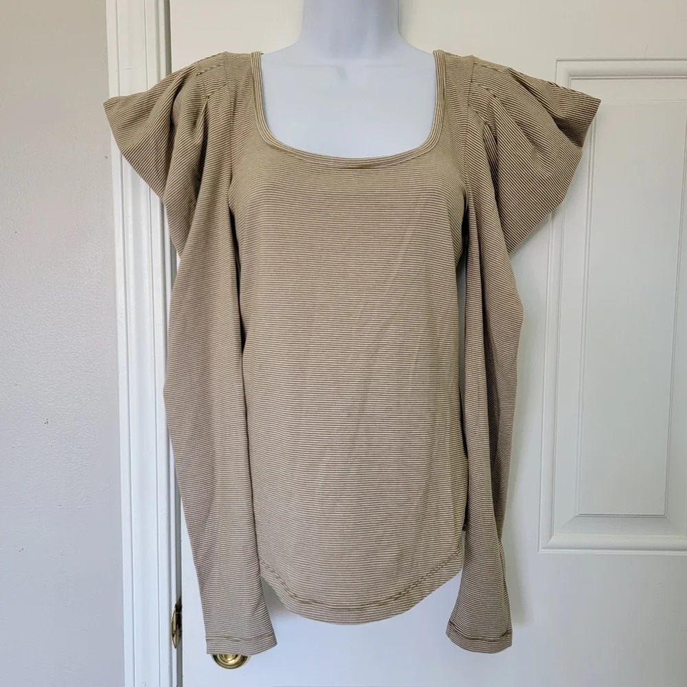 Free People Penelope Ruffle Shoulder Tan White Striped Long Sleeve Shirt Size S - Picture 3 of 11